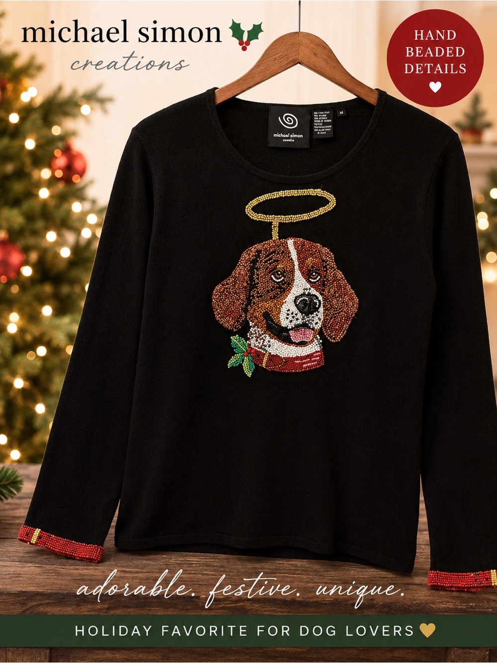 Michael Simon Knit Embroidery Angel Beagle Dog Holiday Sweater Size Medium